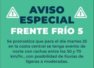 Aviso especial por la entrada del Frente Frío No. 5 en el Puerto de Veracruz para mañana martes 25