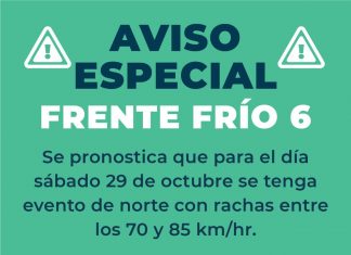 Ayuntamiento de Veracruz difunde aviso especial: Mañana sábado ingresa Frente Frío No. 6 con vientos del norte con rachas entre 70 y 85 kms/hr.