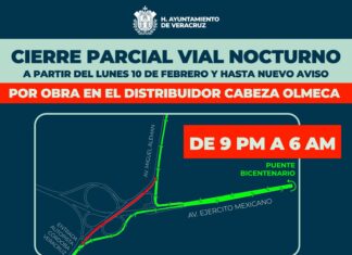 Cierre vial parcial nocturno en el Distribuidor Cabeza Olmeca, carril sur norte, por obras de mantenimiento de Gobierno del Estado