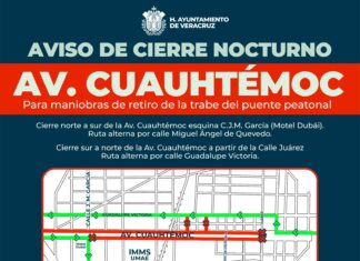 Cierre nocturno temporal en avenida Cuauhtémoc por maniobras de colocación de trabe en puente peatonal del IMSS